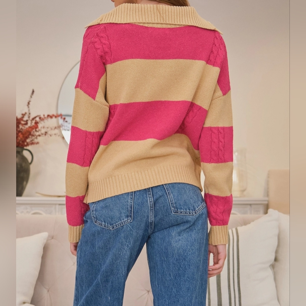 #213 🛑L BOHO  SPREAD COLLAR NECK COLOR BLOCKED SWEATER TOP - Picture 8 of 12